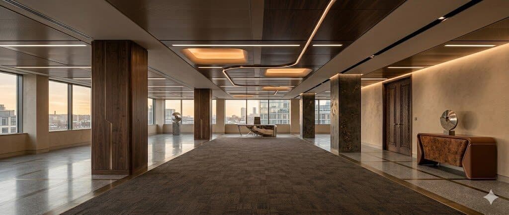 Completed open-plan commercial office with suspended ceiling